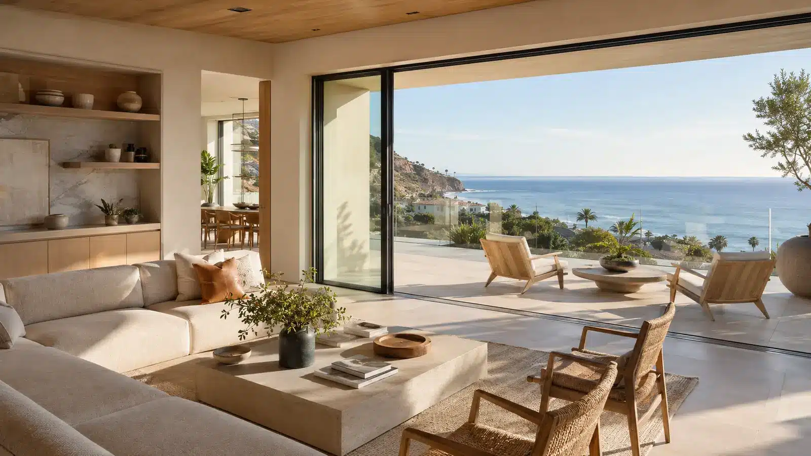 California coastal luxury home with pocket sliding glass doors opening to an ocean terrace