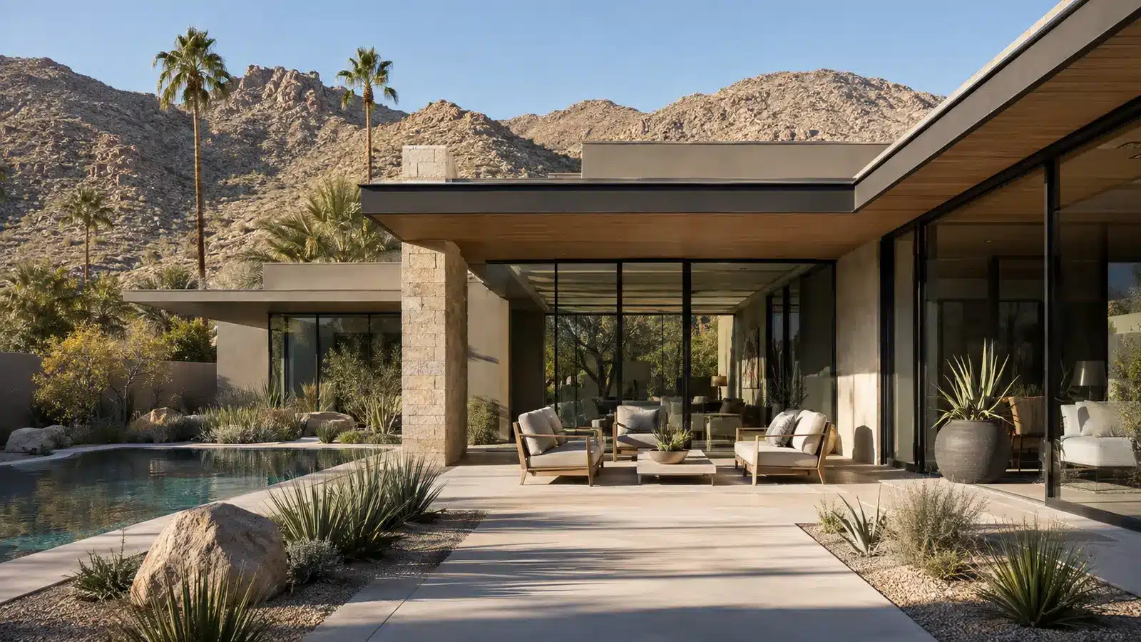 Palm Springs luxury home with deep overhangs and a shaded desert courtyard