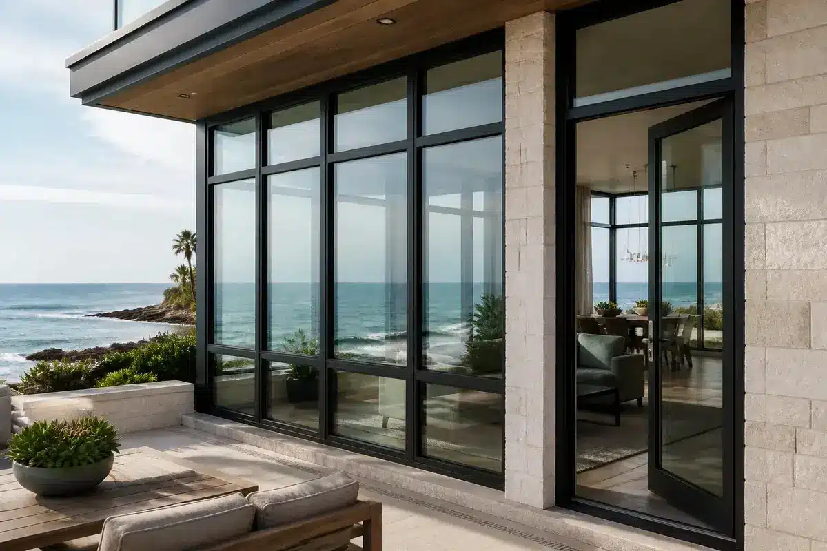 Black aluminum windows on a coastal luxury home