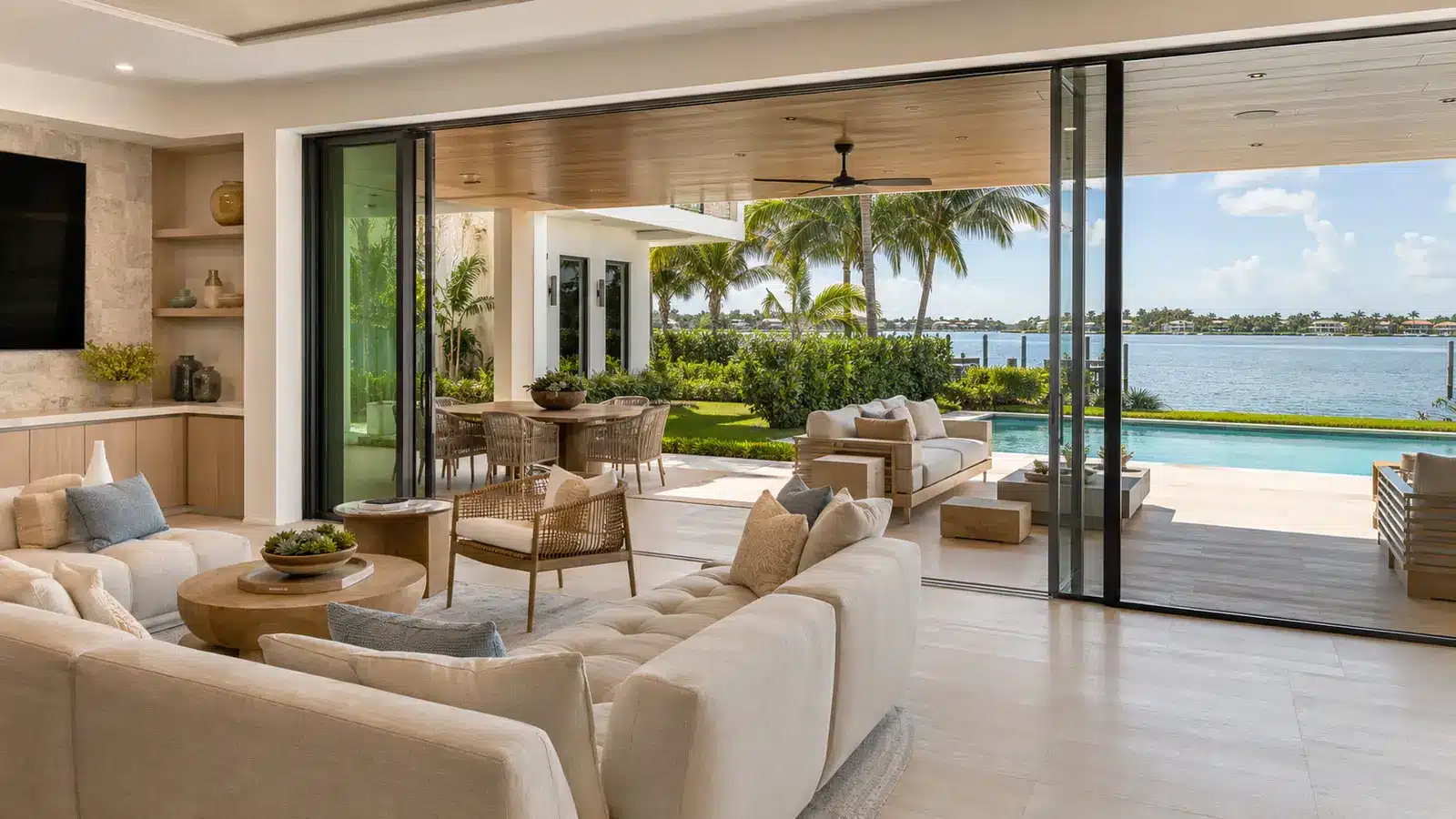 South Florida waterfront luxury home with impact sliding glass doors and a covered lanai