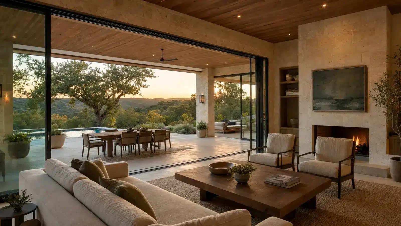 Texas Hill Country luxury great room opening to a deeply shaded terrace