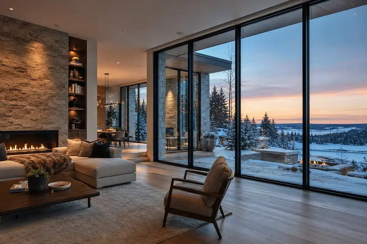 Thermally broken aluminum windows in a U.S. luxury home during winter
