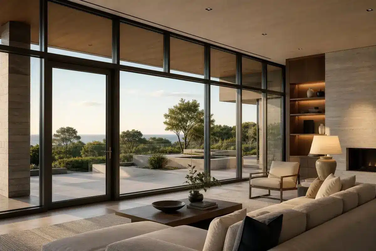 Thermally broken aluminum windows in a modern luxury living room